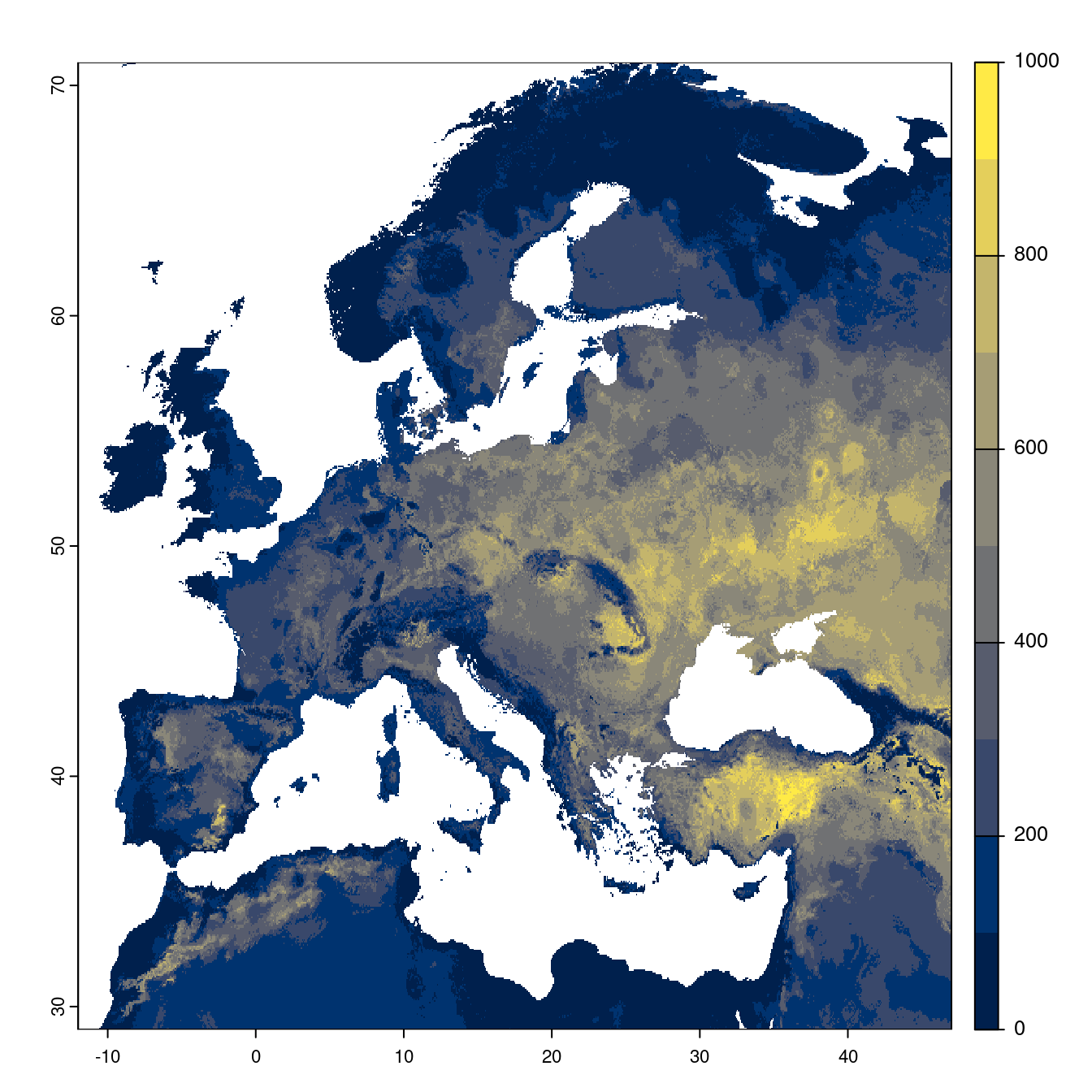 Projection des distributions potentielles futures jusqu'à l'horizon 2100 sous le scénario SSP3-7.0 (modèle d'ensemble).