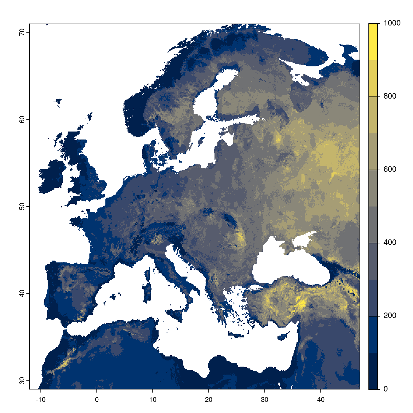 Projection des distributions potentielles futures jusqu'à l'horizon 2100 sous le scénario SSP3-7.0 (modèle d'ensemble).