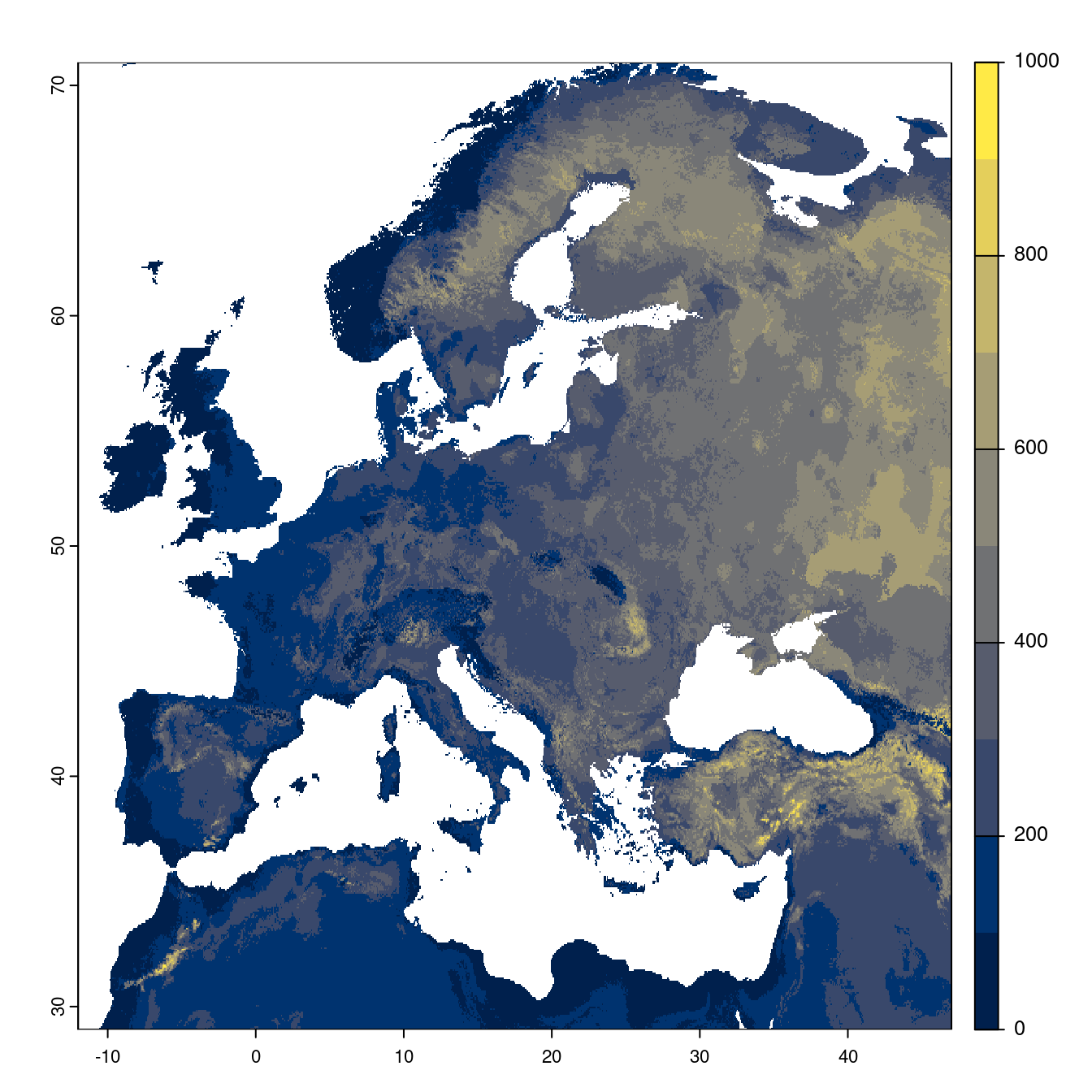 Projection des distributions potentielles futures jusqu'à l'horizon 2100 sous le scénario SSP3-7.0 (modèle d'ensemble).