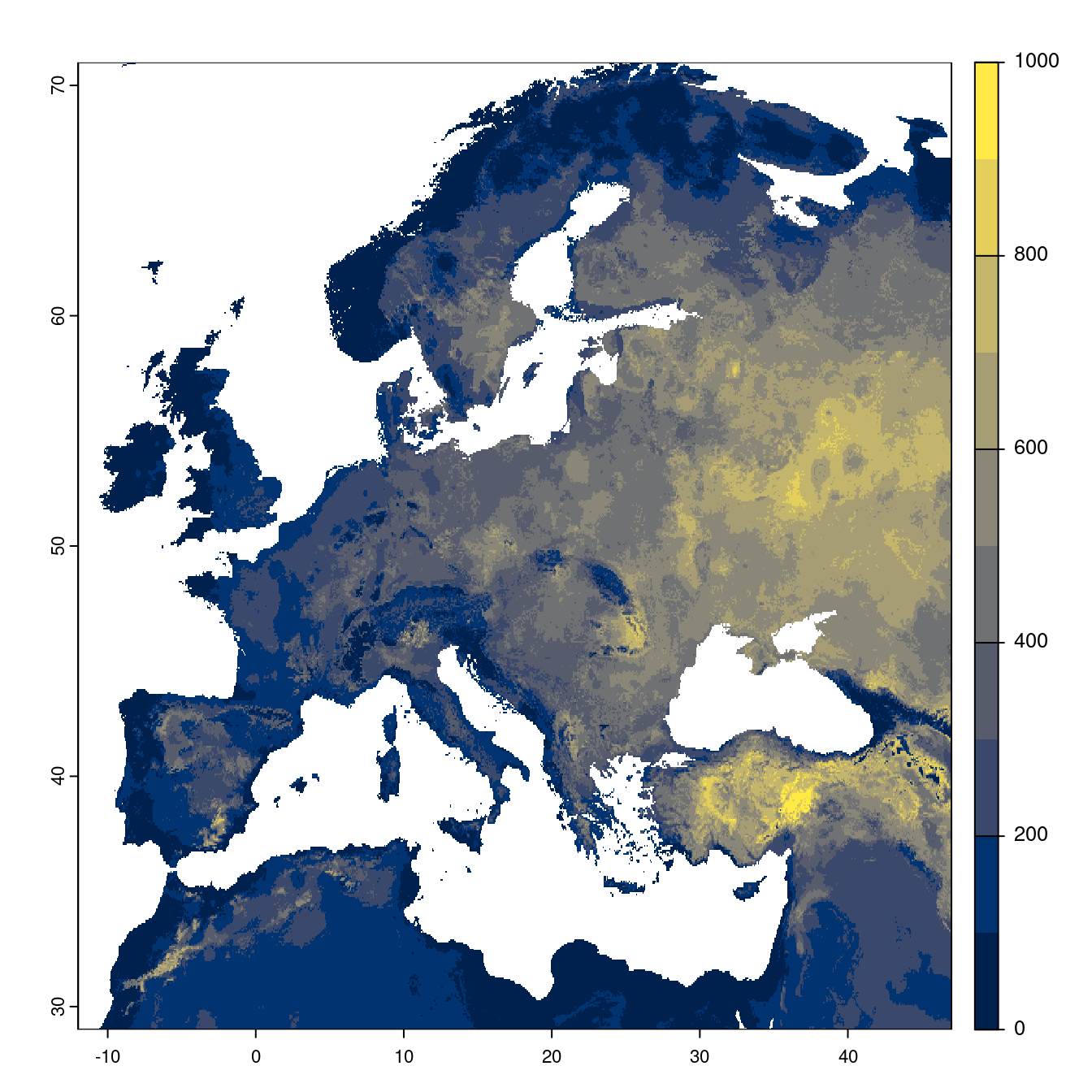 Projection des distributions potentielles futures jusqu'à l'horizon 2100 sous le scénario SSP5-8.5 (modèle d'ensemble).