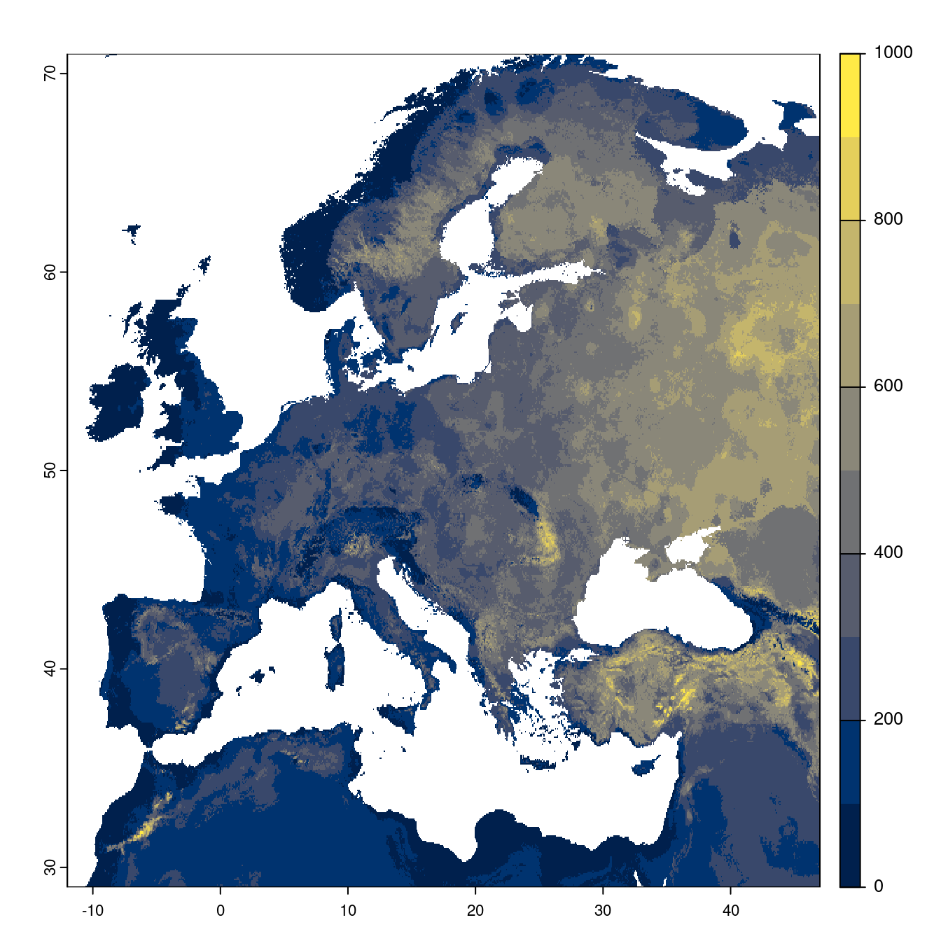 Projection des distributions potentielles futures jusqu'à l'horizon 2100 sous le scénario SSP5-8.5 (modèle d'ensemble).