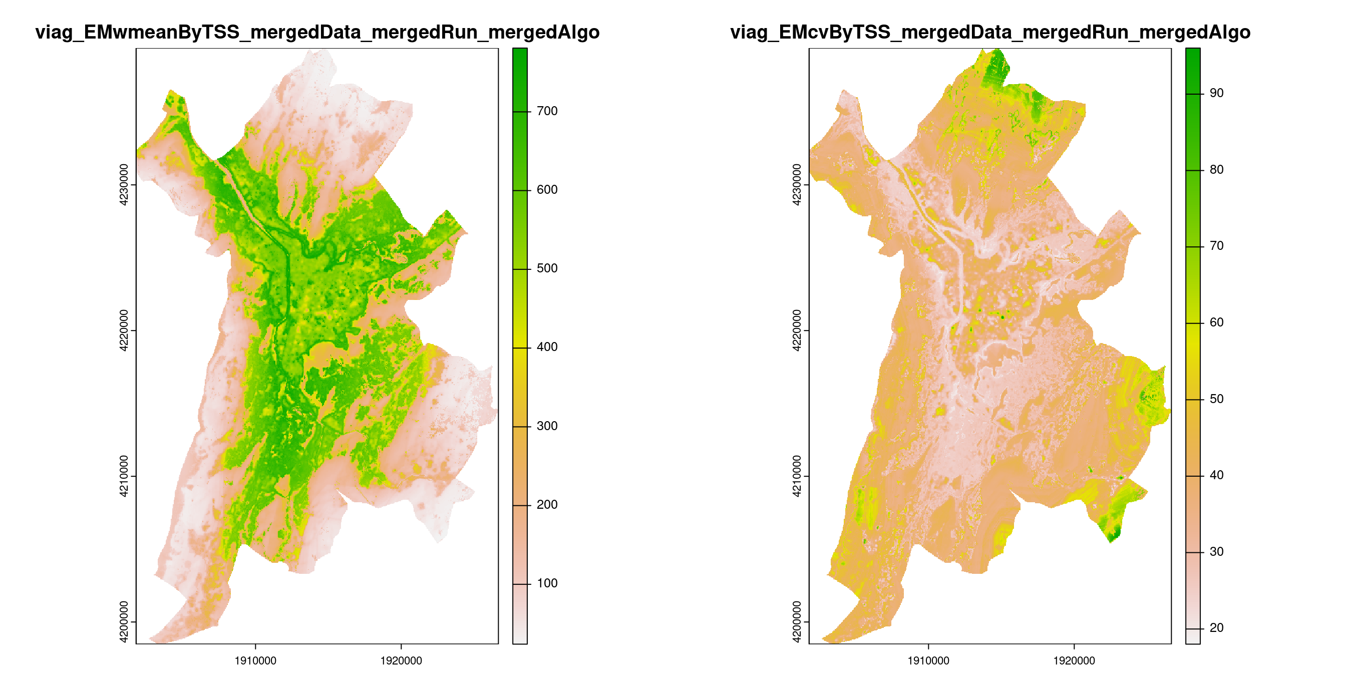 A) Projection de la distribution potentielle contemporaine (modèle d'ensemble) sur la métropole de Grenoble ; B) Incertitude associée à la projection.