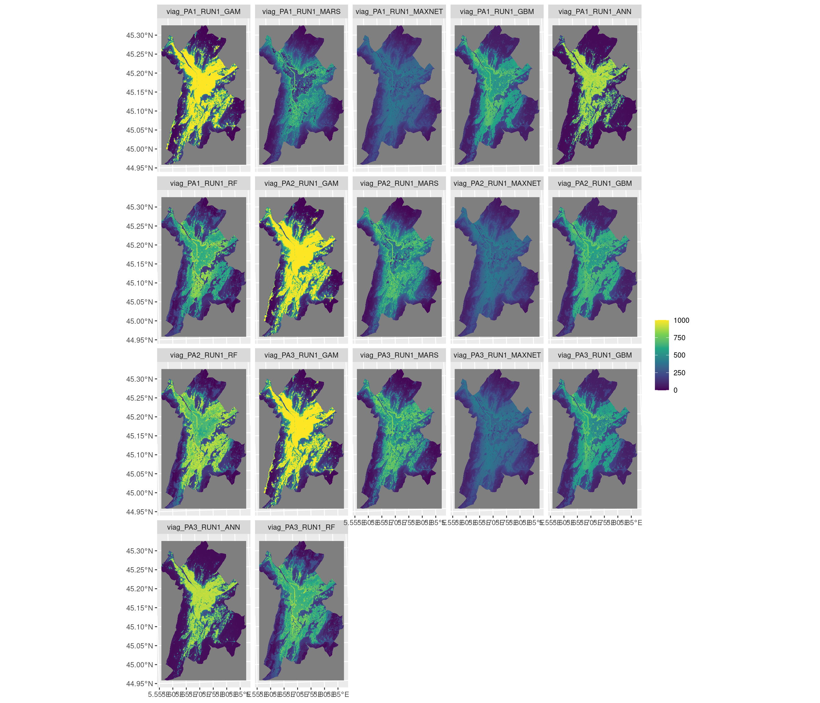 Projection de la distribution potentielle contemporaine sur la métropole de Grenoble, selon les 6 algorithmes et les 3 runs.