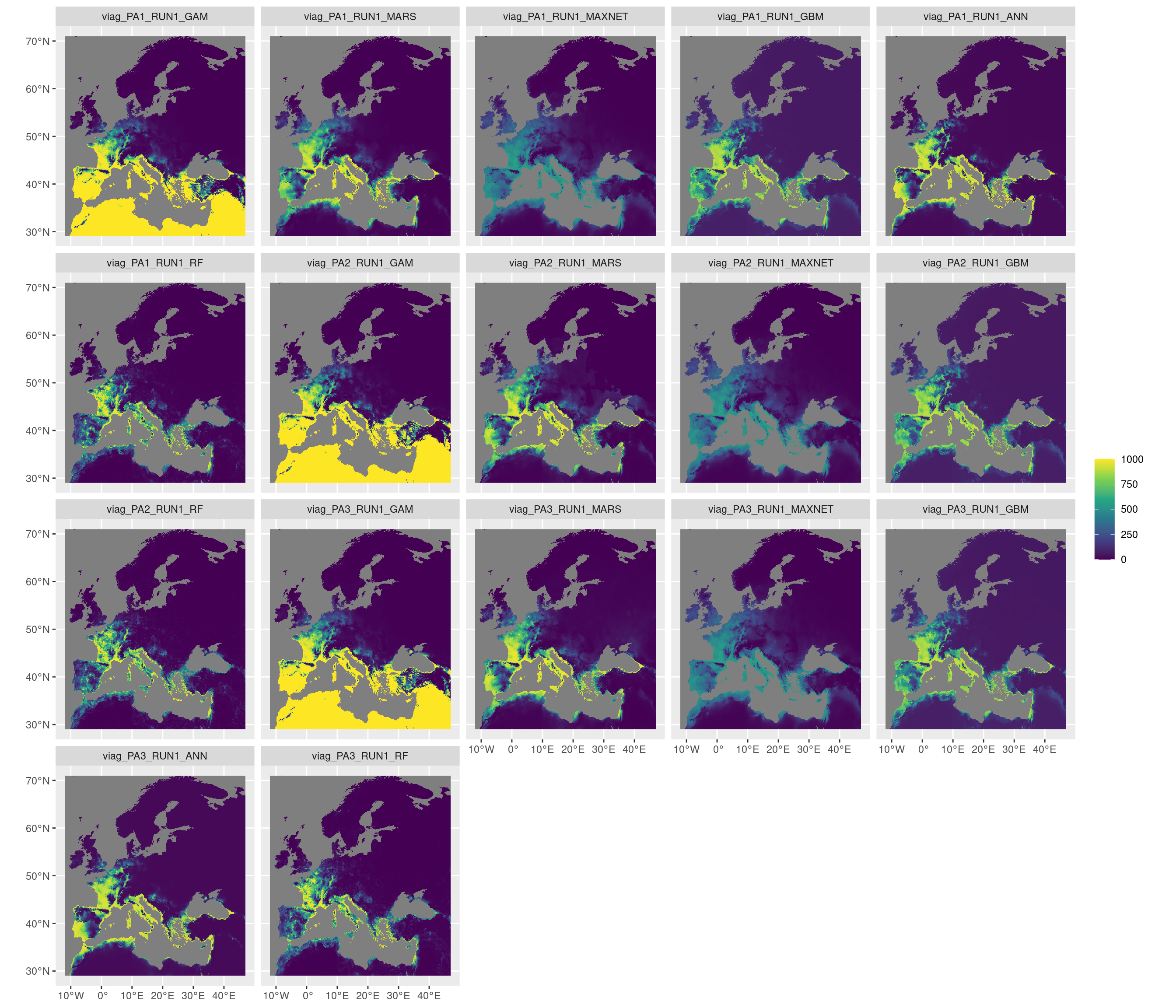 Projection de la distribution potentielle contemporaine sur l'Europe, selon les 6 algorithmes et les 3 runs.