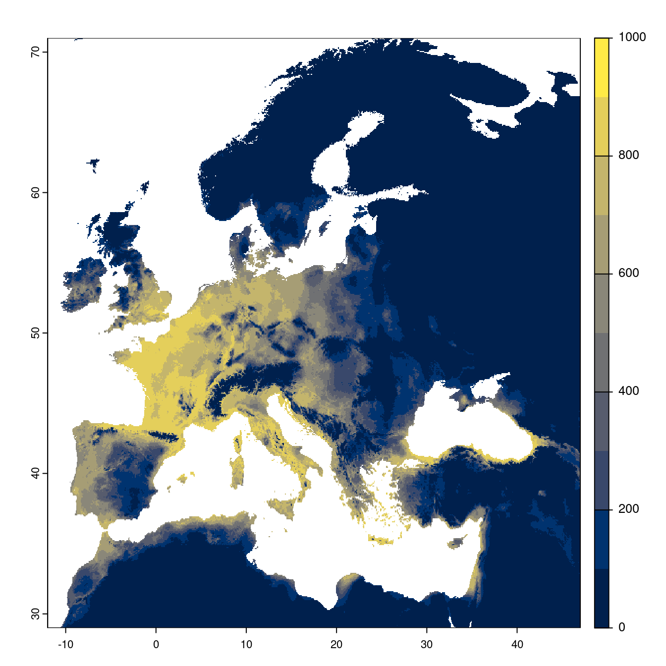 Projection des distributions potentielles futures jusqu'à l'horizon 2100 sous le scénario SSP1-2.6 (modèle d'ensemble).