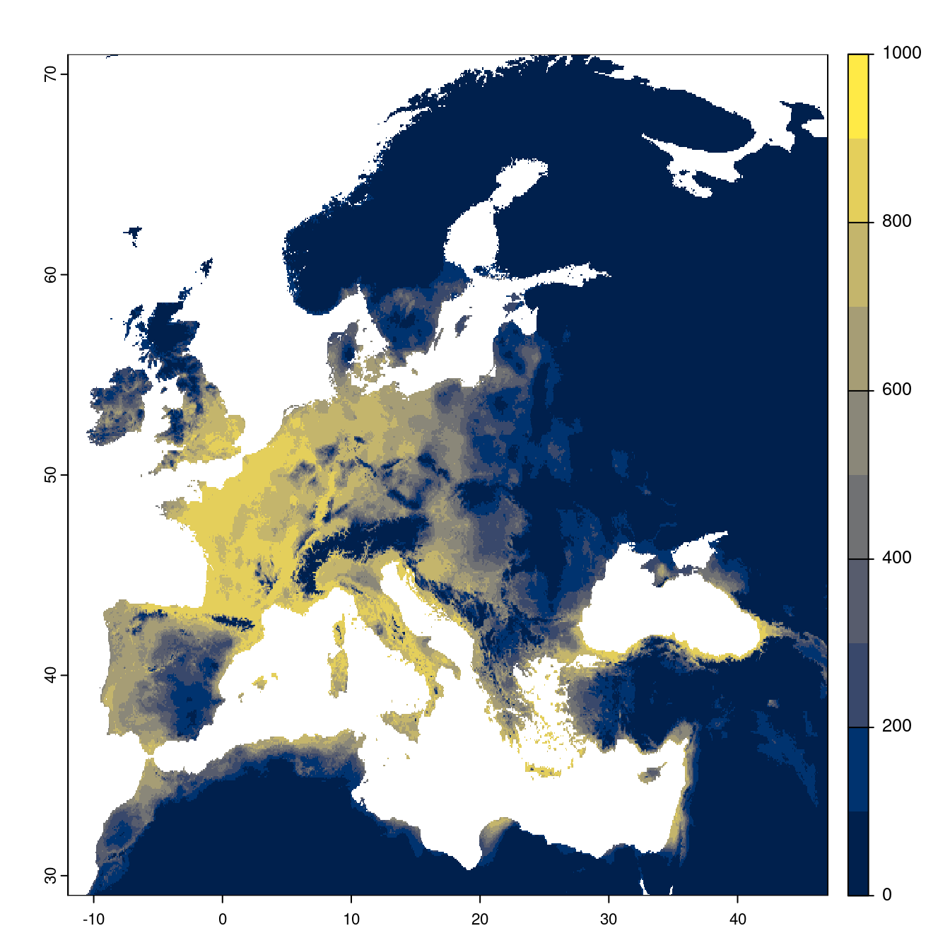 Projection des distributions potentielles futures jusqu'à l'horizon 2100 sous le scénario SSP1-2.6 (modèle d'ensemble).