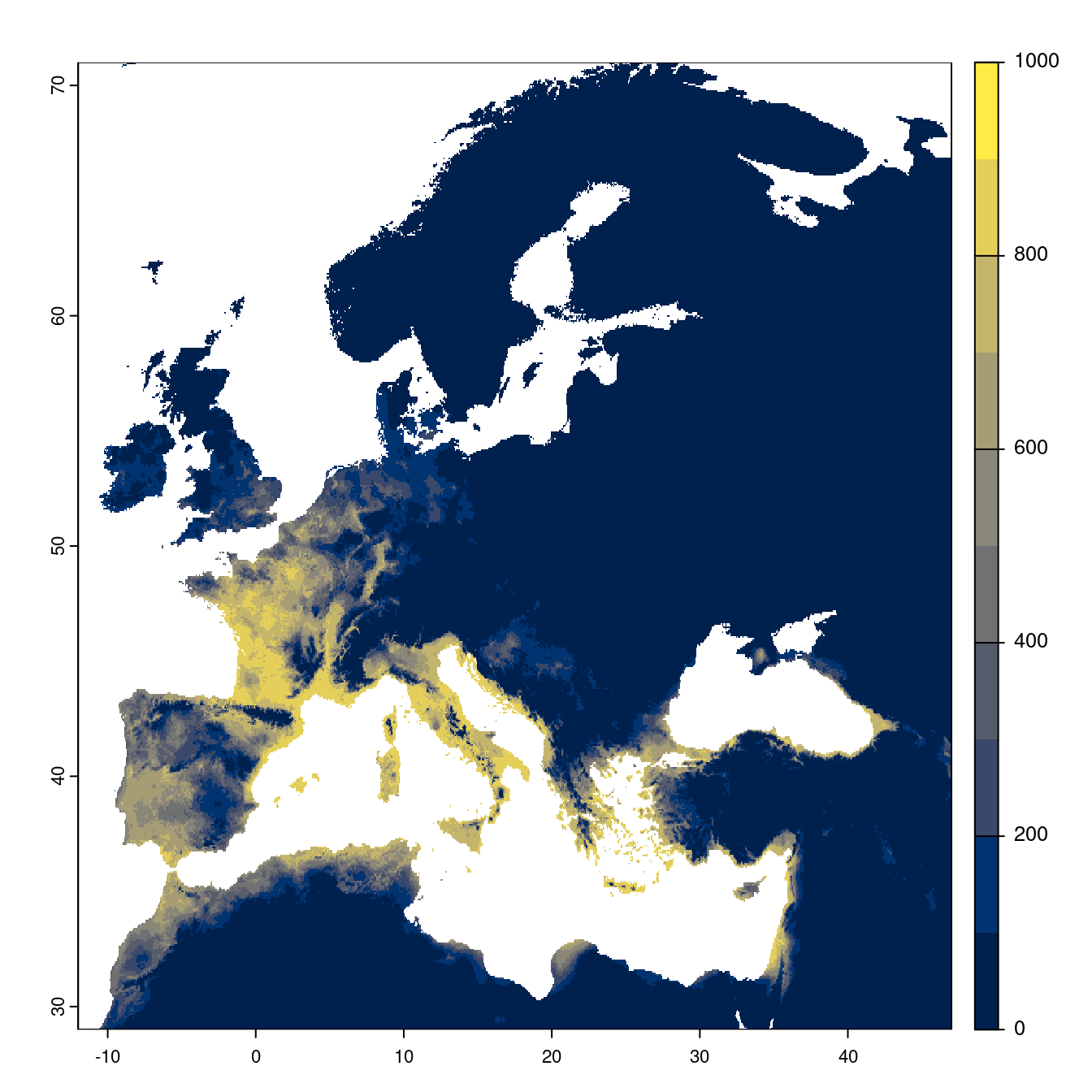 Projection des distributions potentielles futures jusqu'à l'horizon 2100 sous le scénario SSP2-4.5 (modèle d'ensemble).