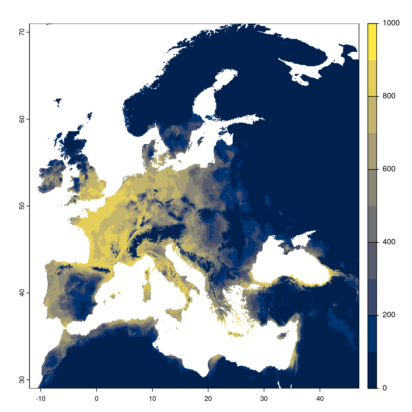 Projection des distributions potentielles futures jusqu'à l'horizon 2100 sous le scénario SSP2-4.5 (modèle d'ensemble).