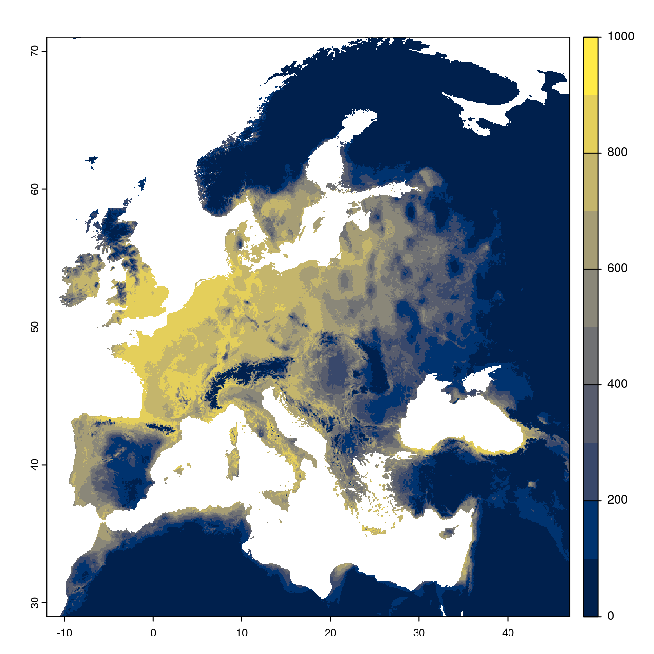Projection des distributions potentielles futures jusqu'à l'horizon 2100 sous le scénario SSP2-4.5 (modèle d'ensemble).