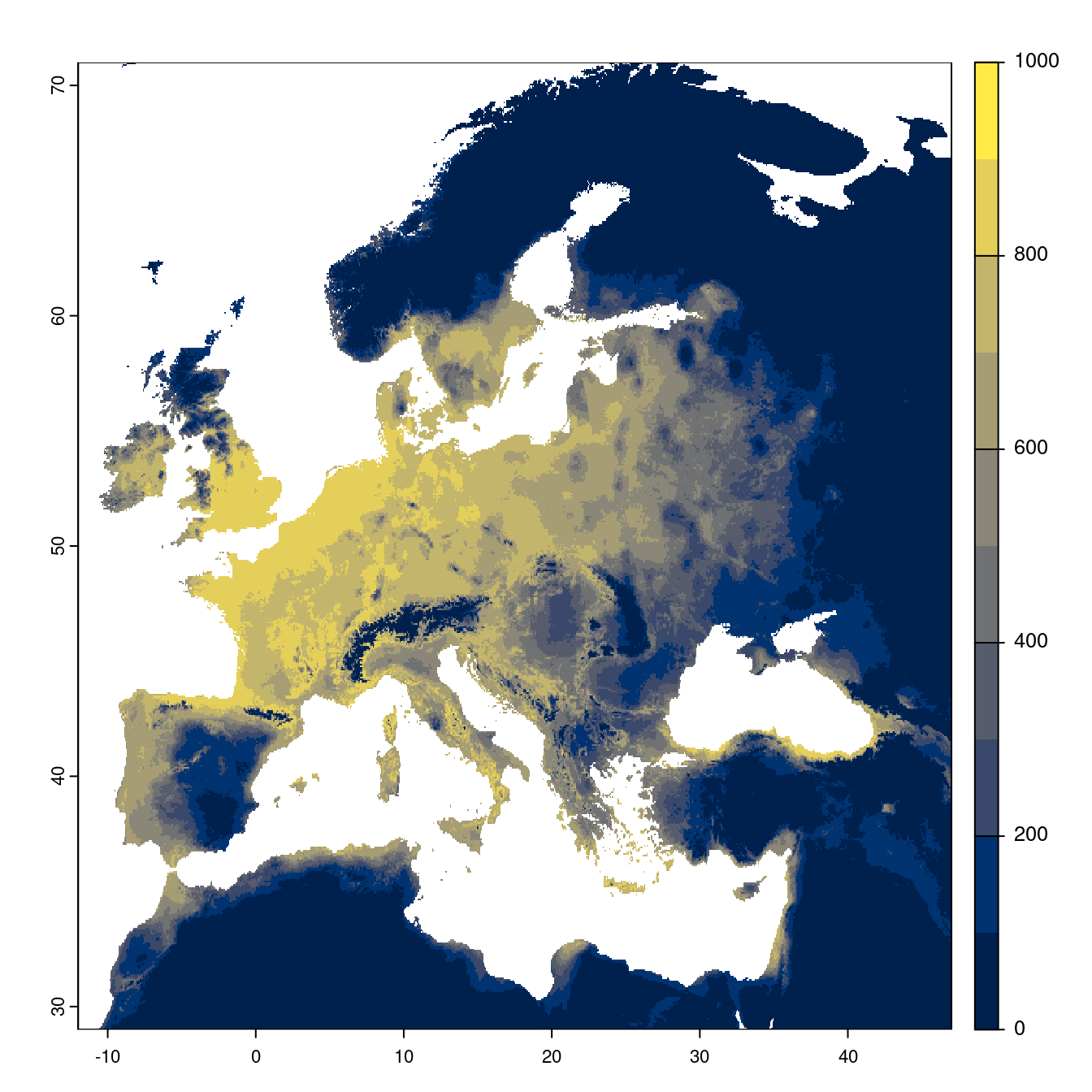 Projection des distributions potentielles futures jusqu'à l'horizon 2100 sous le scénario SSP3-7.0 (modèle d'ensemble).