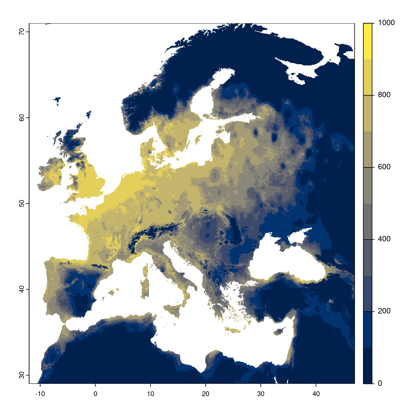 Projection des distributions potentielles futures jusqu'à l'horizon 2100 sous le scénario SSP5-8.5 (modèle d'ensemble).