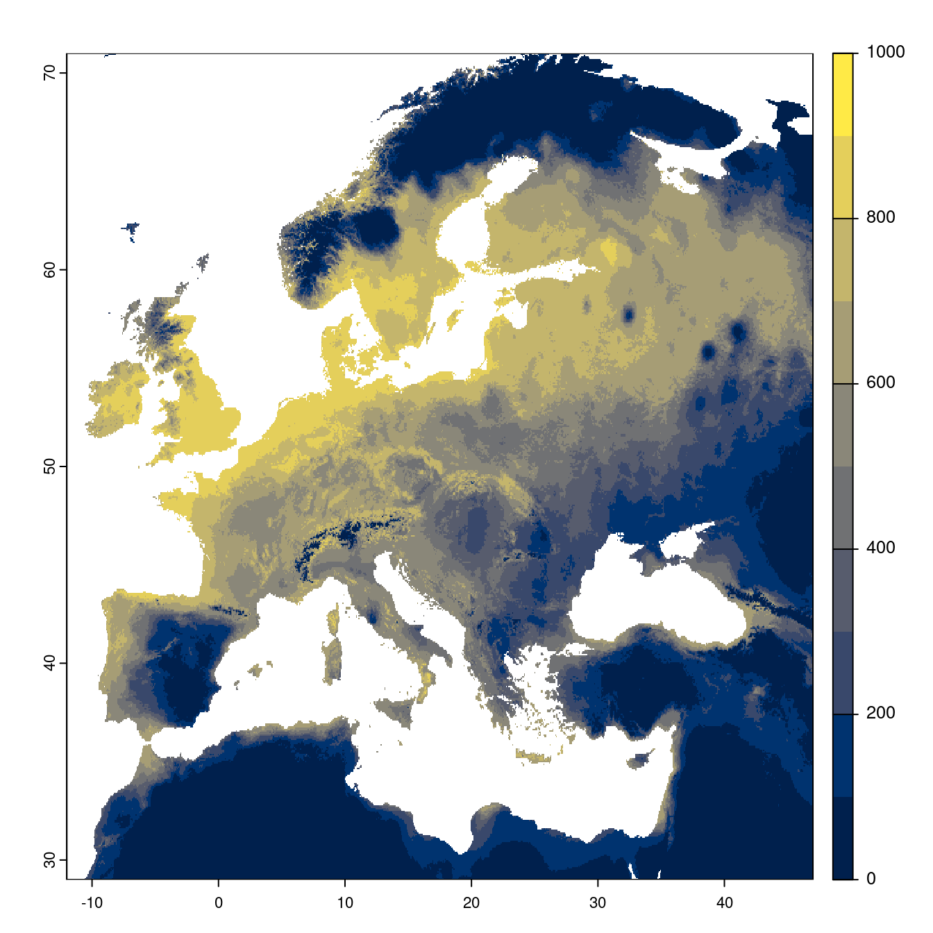 Projection des distributions potentielles futures jusqu'à l'horizon 2100 sous le scénario SSP5-8.5 (modèle d'ensemble).