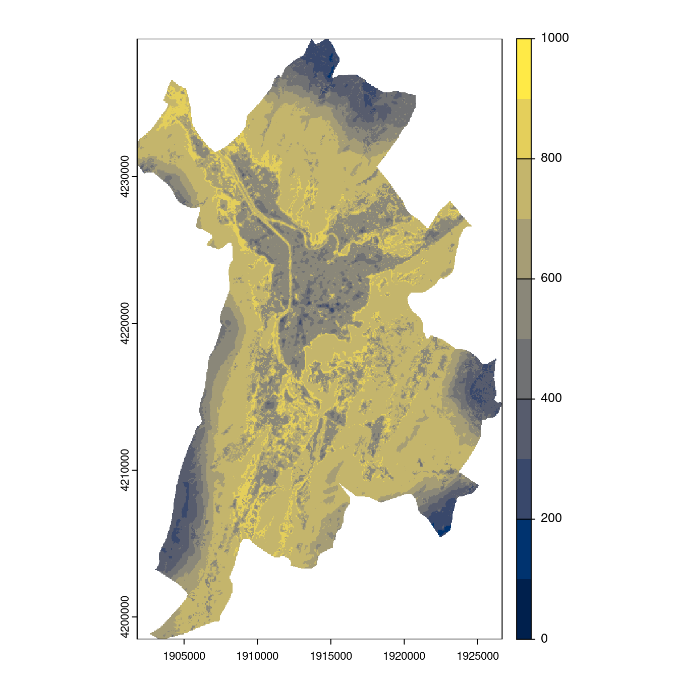 Projection des distributions potentielles contemporaine et futures jusqu'à l'horizon 2100 sous le scénario SSP5-8.5 (modèle d'ensemble, GCM IPSL).