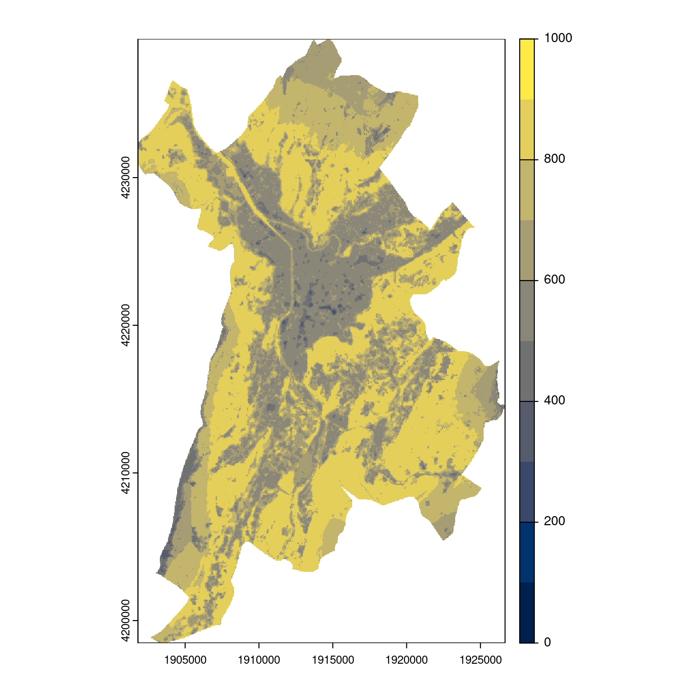 Projection des distributions potentielles contemporaine et futures jusqu'à l'horizon 2100 sous le scénario SSP5-8.5 (modèle d'ensemble, GCM IPSL).