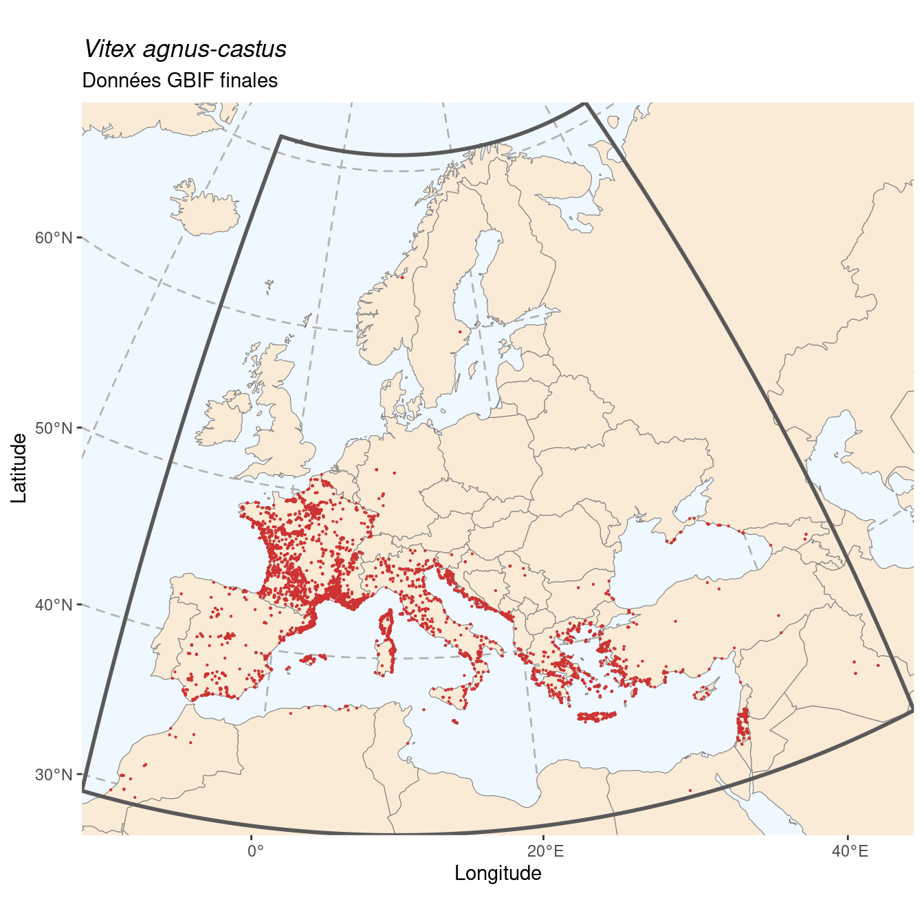Occurrence de Vitex agnus-castus dans la région d'endémisme après sous-échantillonnage éventuel.