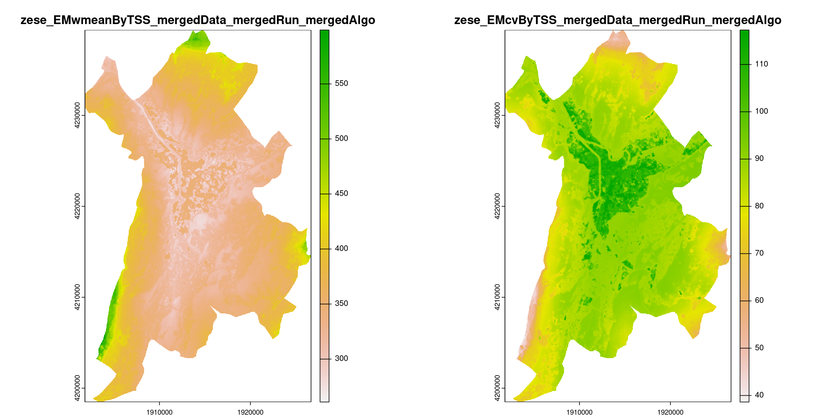 A) Projection de la distribution potentielle contemporaine (modèle d'ensemble) sur la métropole de Grenoble ; B) Incertitude associée à la projection.
