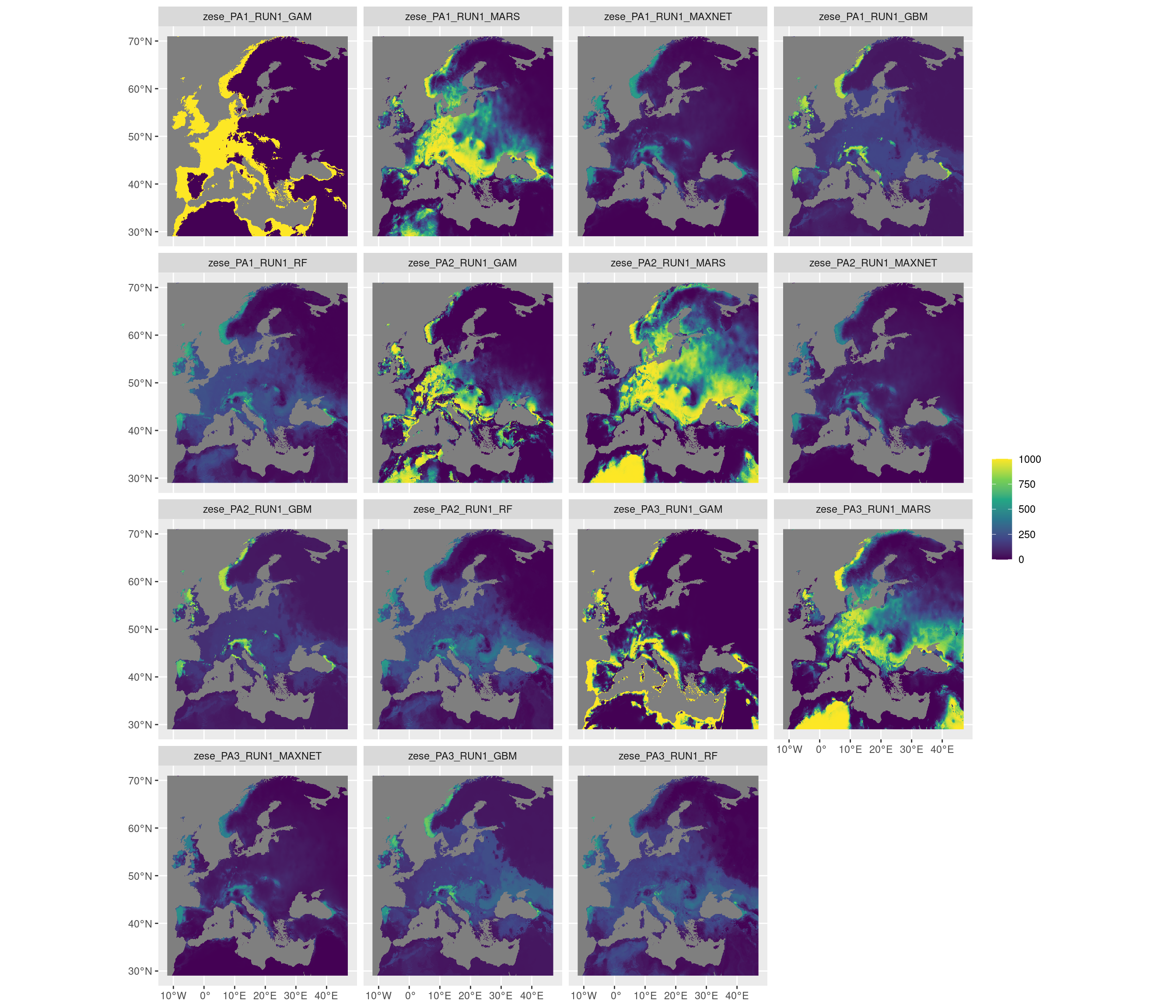Projection de la distribution potentielle contemporaine sur l'Europe, selon les 6 algorithmes et les 3 runs.