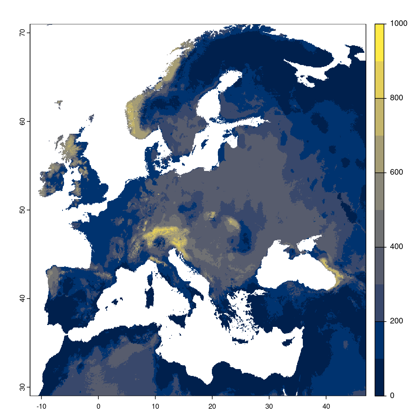 Projection des distributions potentielles futures jusqu'à l'horizon 2100 sous le scénario SSP1-2.6 (modèle d'ensemble).