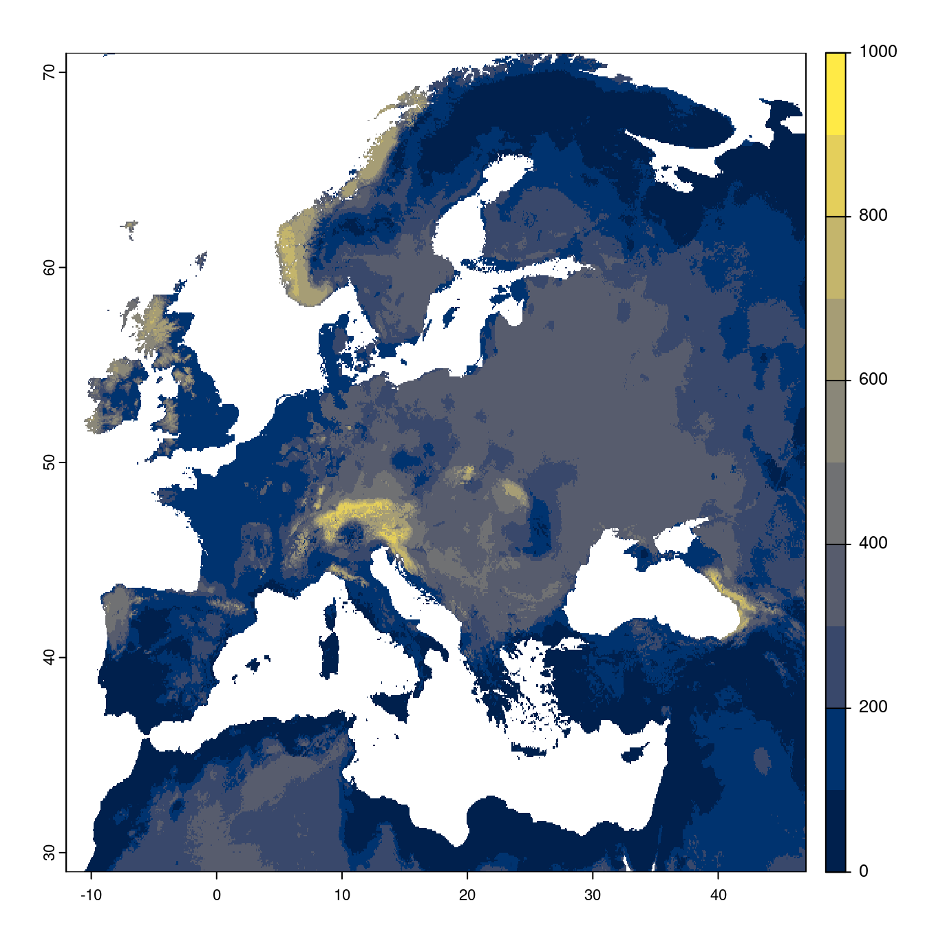 Projection des distributions potentielles futures jusqu'à l'horizon 2100 sous le scénario SSP1-2.6 (modèle d'ensemble).