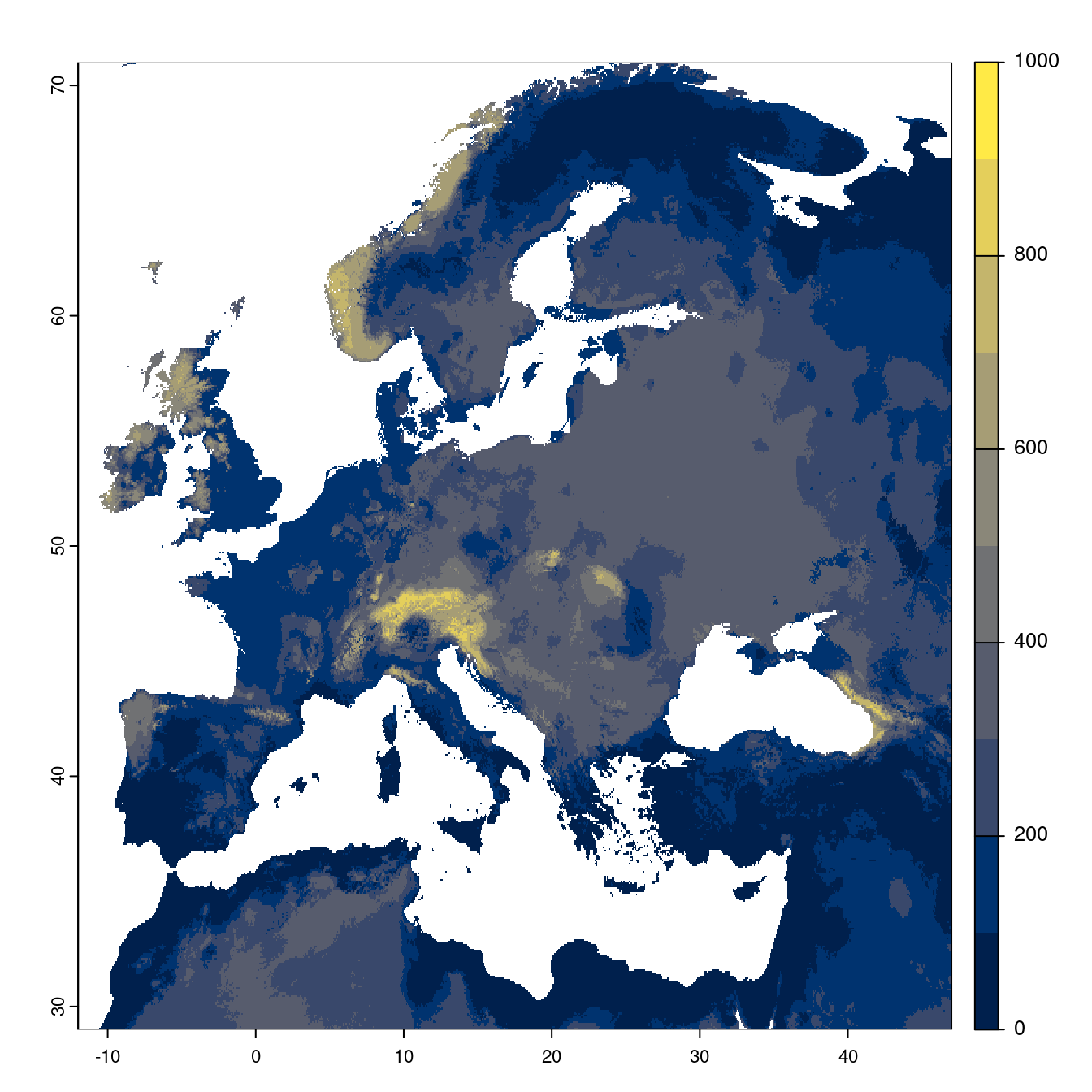 Projection des distributions potentielles futures jusqu'à l'horizon 2100 sous le scénario SSP1-2.6 (modèle d'ensemble).