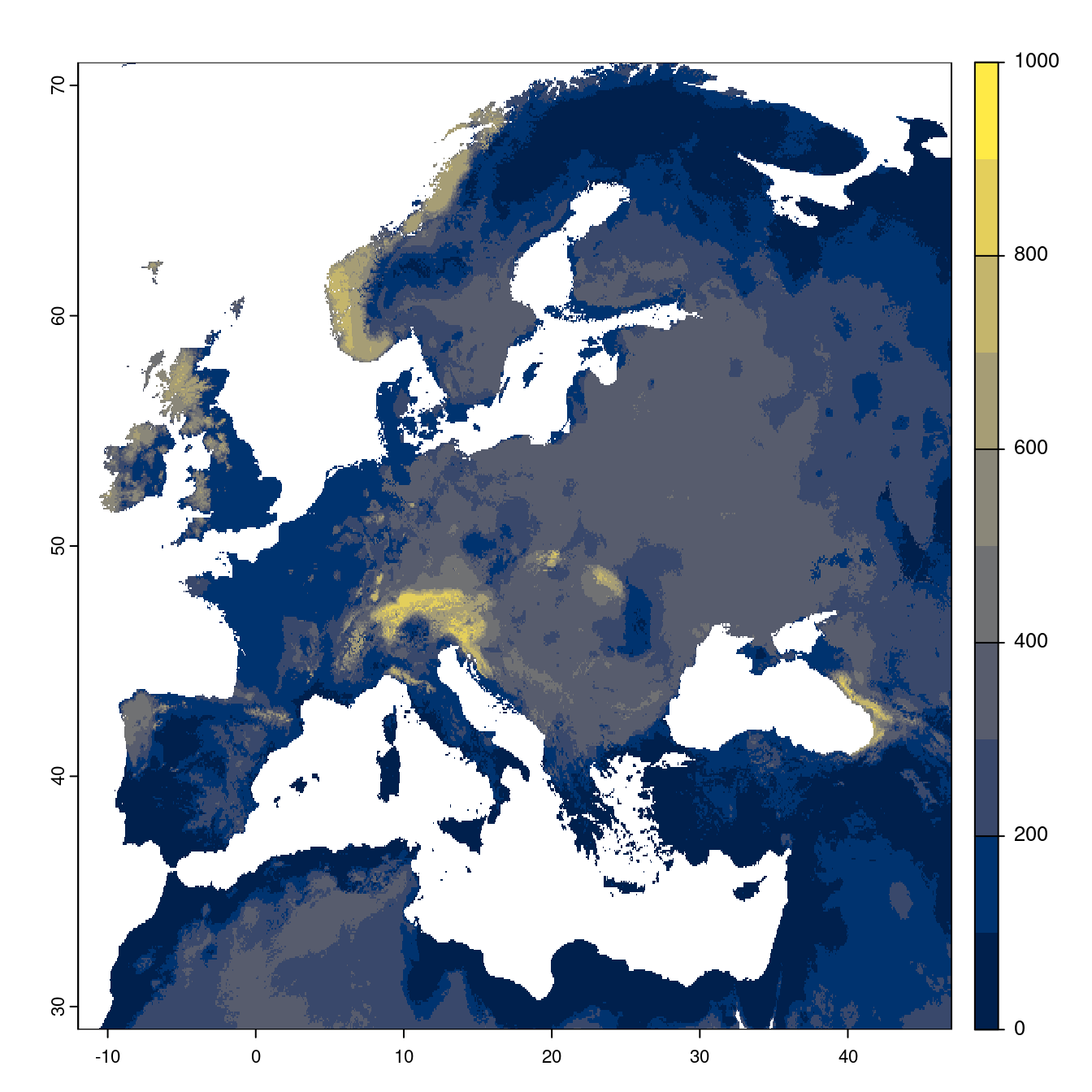 Projection des distributions potentielles futures jusqu'à l'horizon 2100 sous le scénario SSP2-4.5 (modèle d'ensemble).