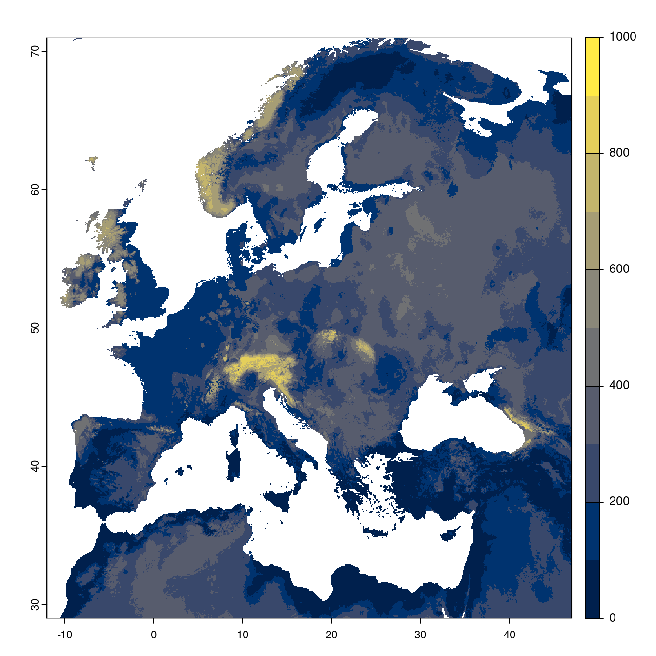 Projection des distributions potentielles futures jusqu'à l'horizon 2100 sous le scénario SSP2-4.5 (modèle d'ensemble).