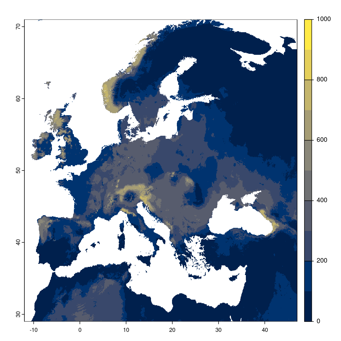 Projection des distributions potentielles futures jusqu'à l'horizon 2100 sous le scénario SSP3-7.0 (modèle d'ensemble).