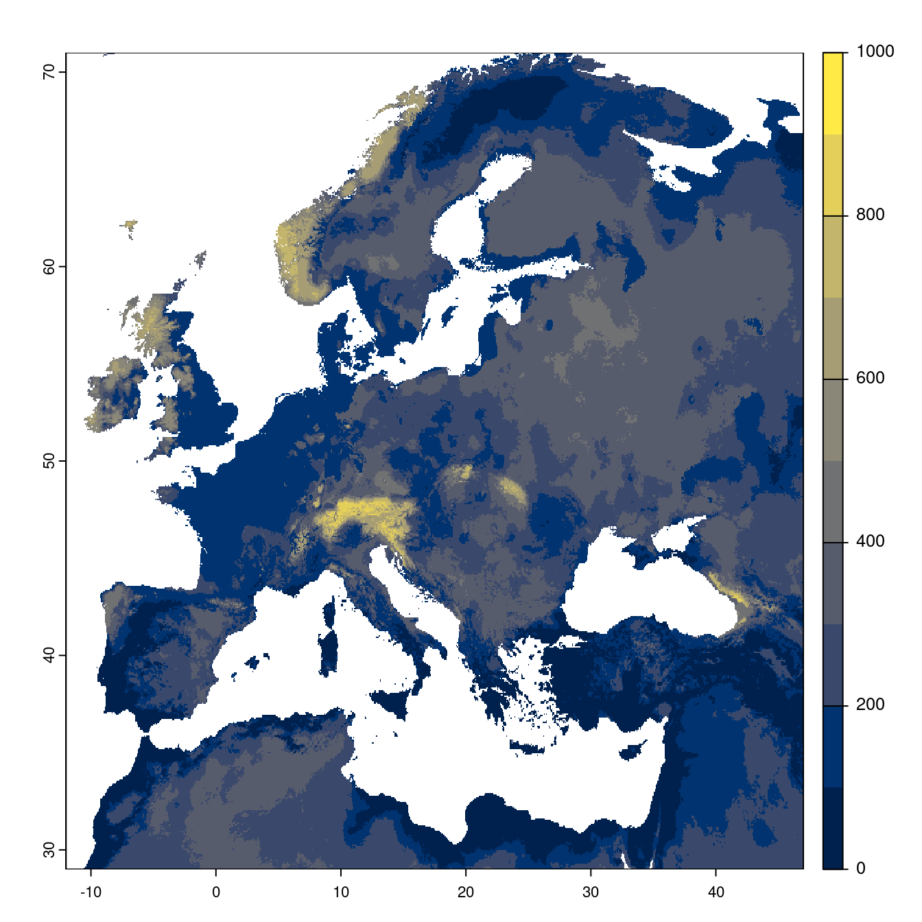 Projection des distributions potentielles futures jusqu'à l'horizon 2100 sous le scénario SSP3-7.0 (modèle d'ensemble).