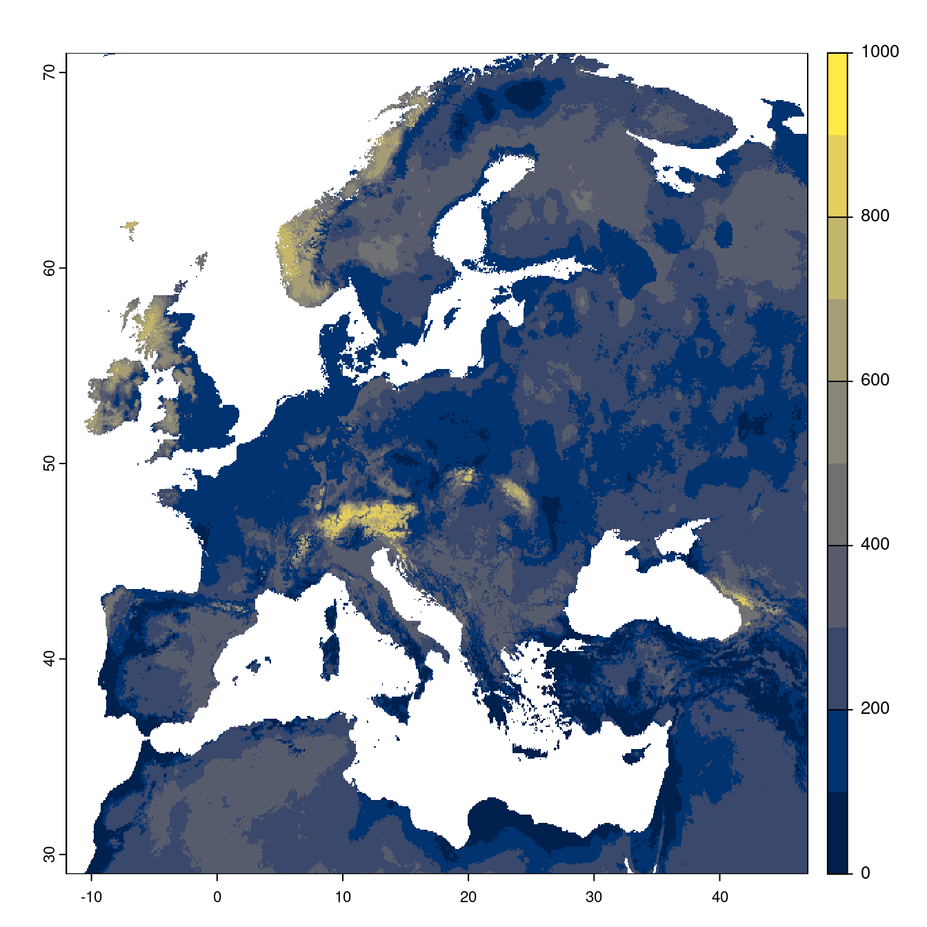 Projection des distributions potentielles futures jusqu'à l'horizon 2100 sous le scénario SSP3-7.0 (modèle d'ensemble).