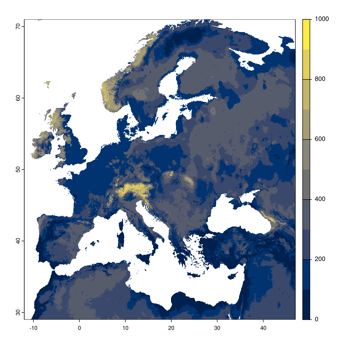 Projection des distributions potentielles futures jusqu'à l'horizon 2100 sous le scénario SSP5-8.5 (modèle d'ensemble).