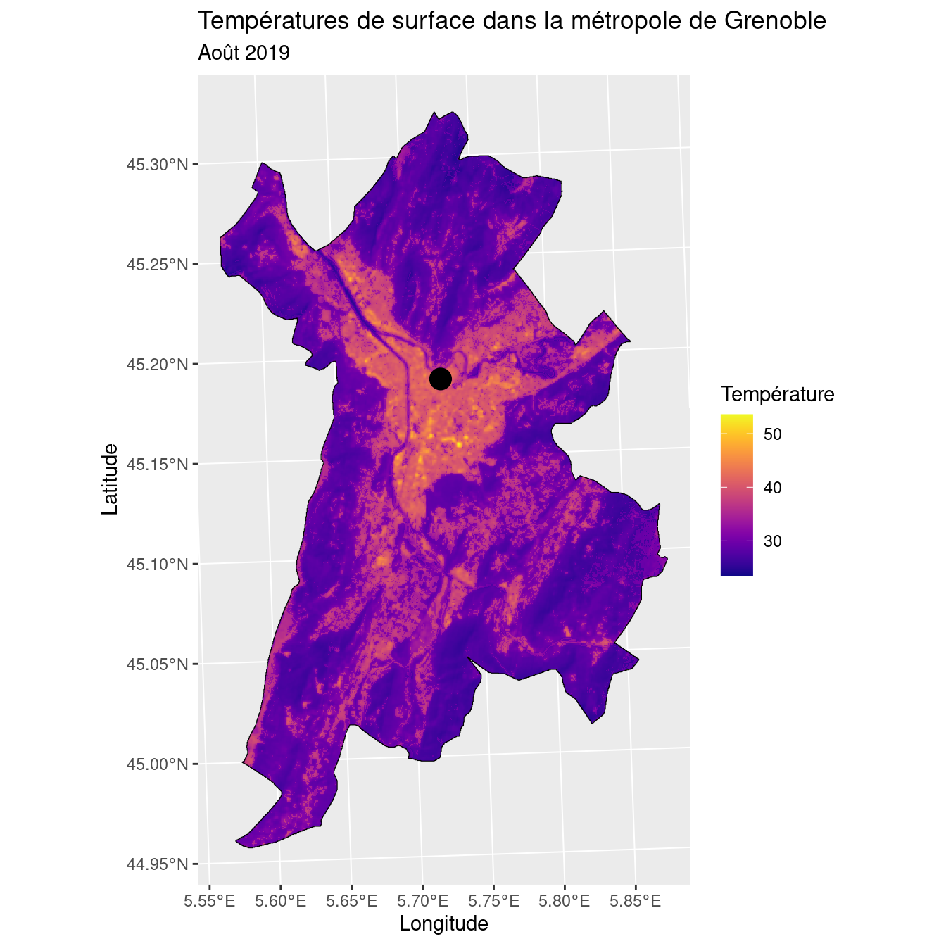 Carte des températures de surface dans la métropole de Grenoble, août 2019. Le point représente le centre ville de Grenoble comme référence.