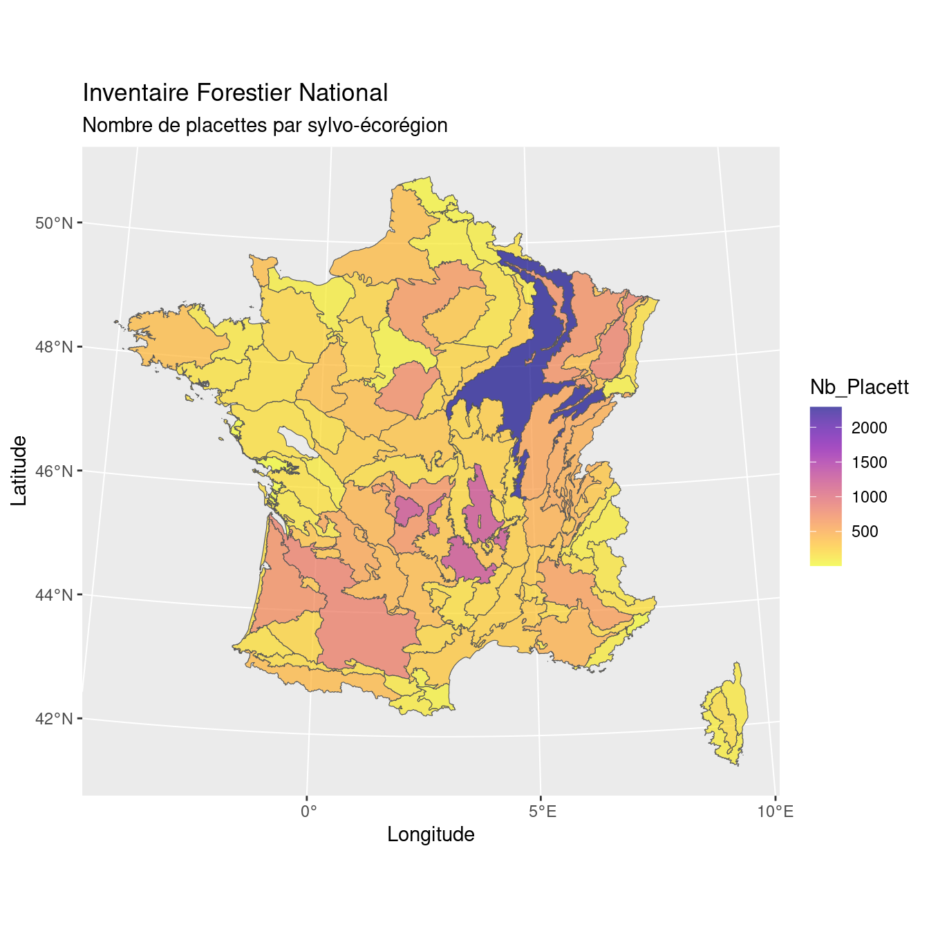 Nombre de placettes par sylvo-écorégion de l'Inventaire Forestier National.