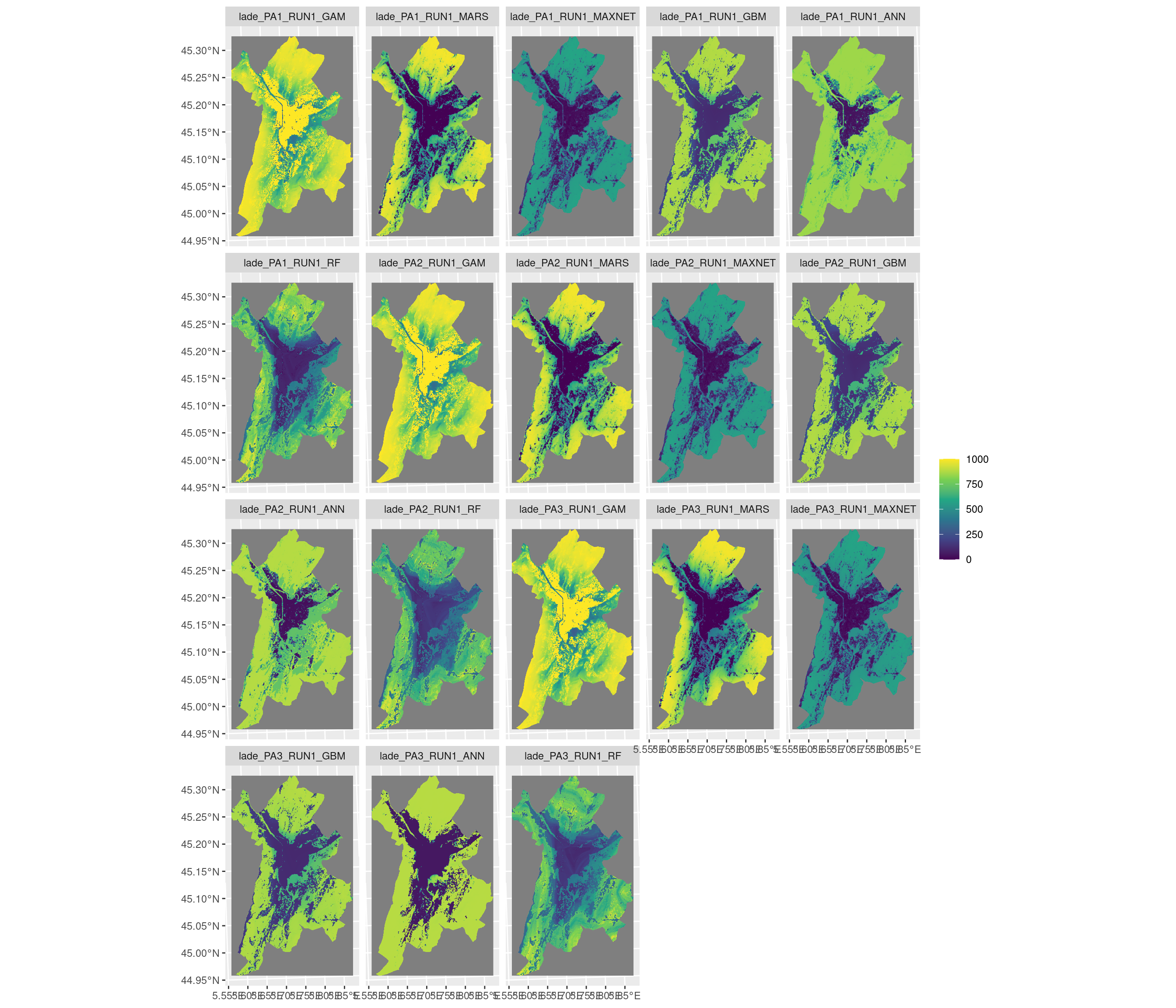 Projection de la distribution potentielle contemporaine sur la métropole de Grenoble, selon les 6 algorithmes et les 3 runs.