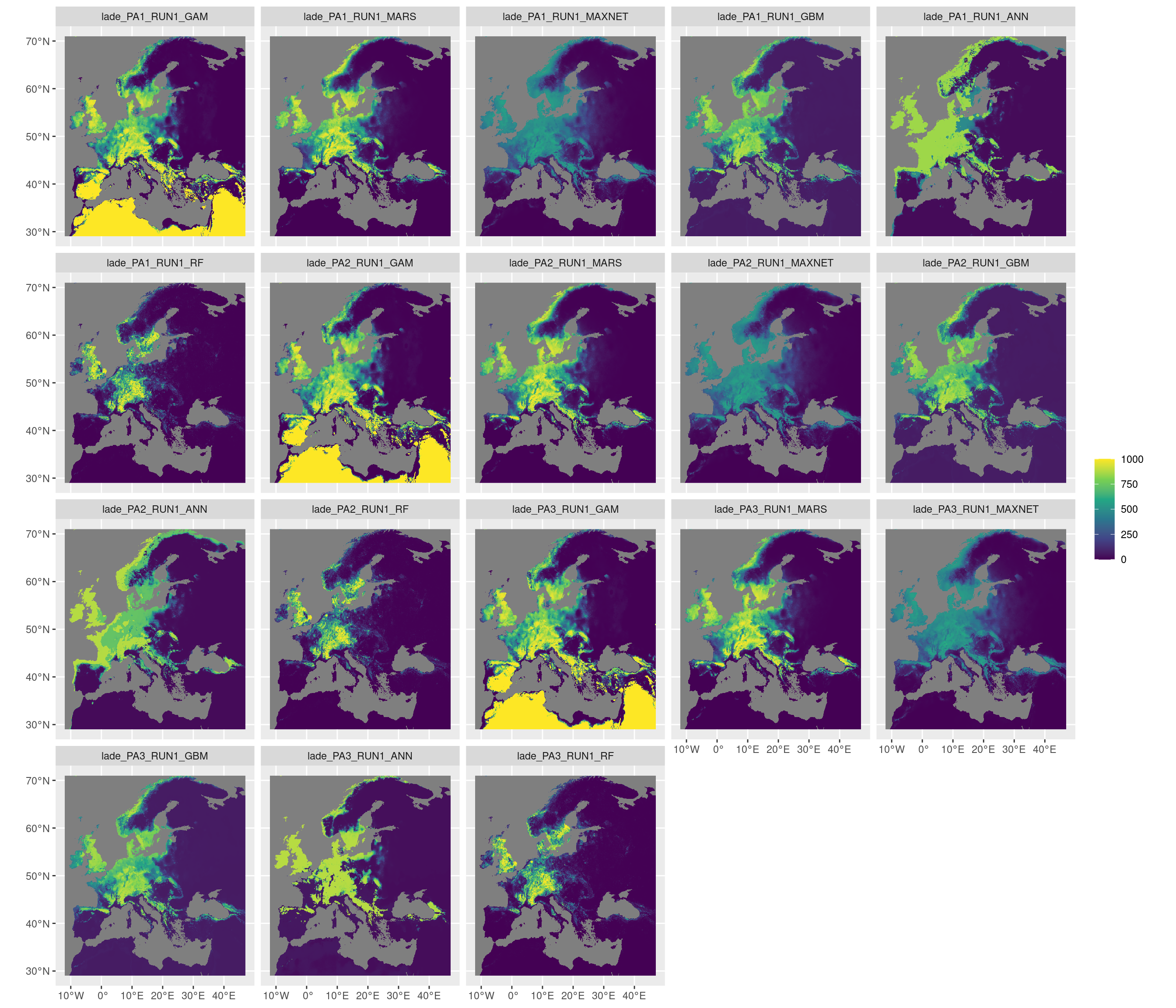 Projection de la distribution potentielle contemporaine sur l'Europe, selon les 6 algorithmes et les 3 runs.