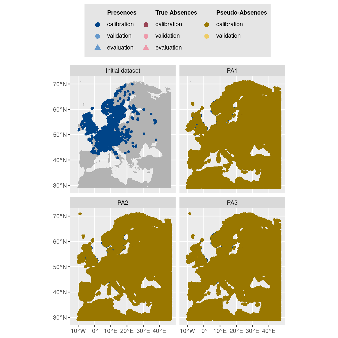 Les données d'occurrences (en haut à gauche) et les trois jeux de données aléatoires de pseudo-absences.