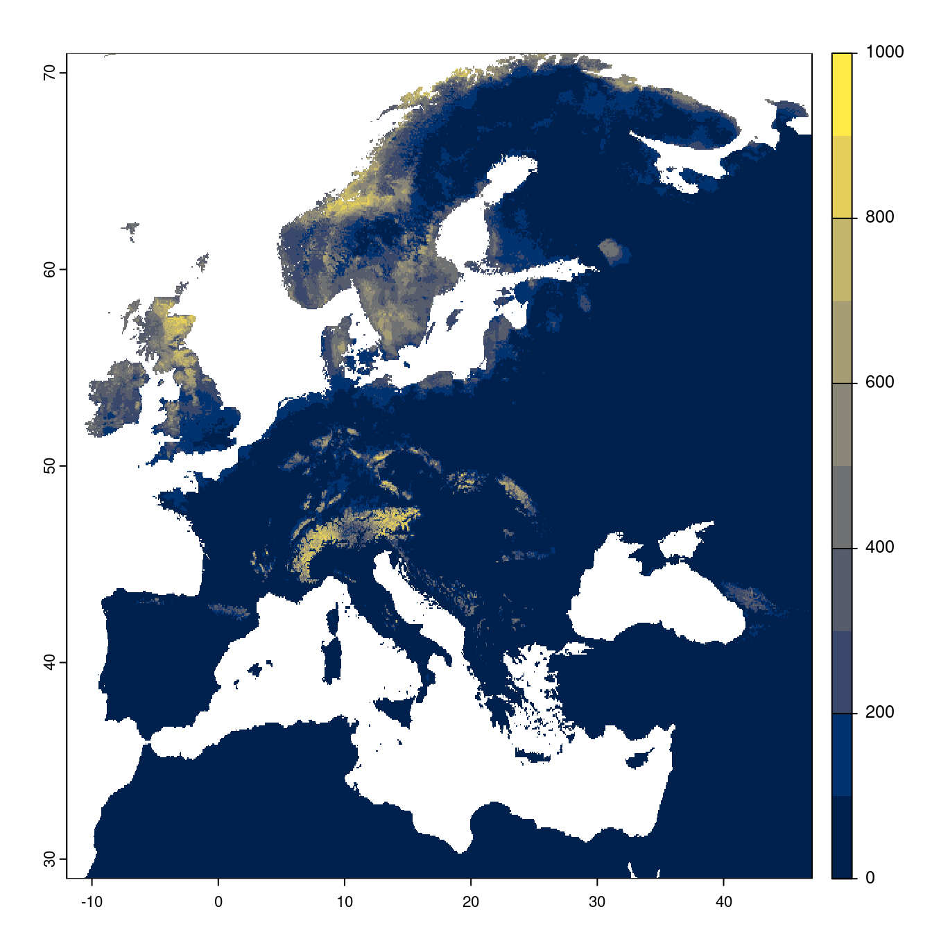 Projection des distributions potentielles futures jusqu'à l'horizon 2100 sous le scénario SSP2-4.5 (modèle d'ensemble).