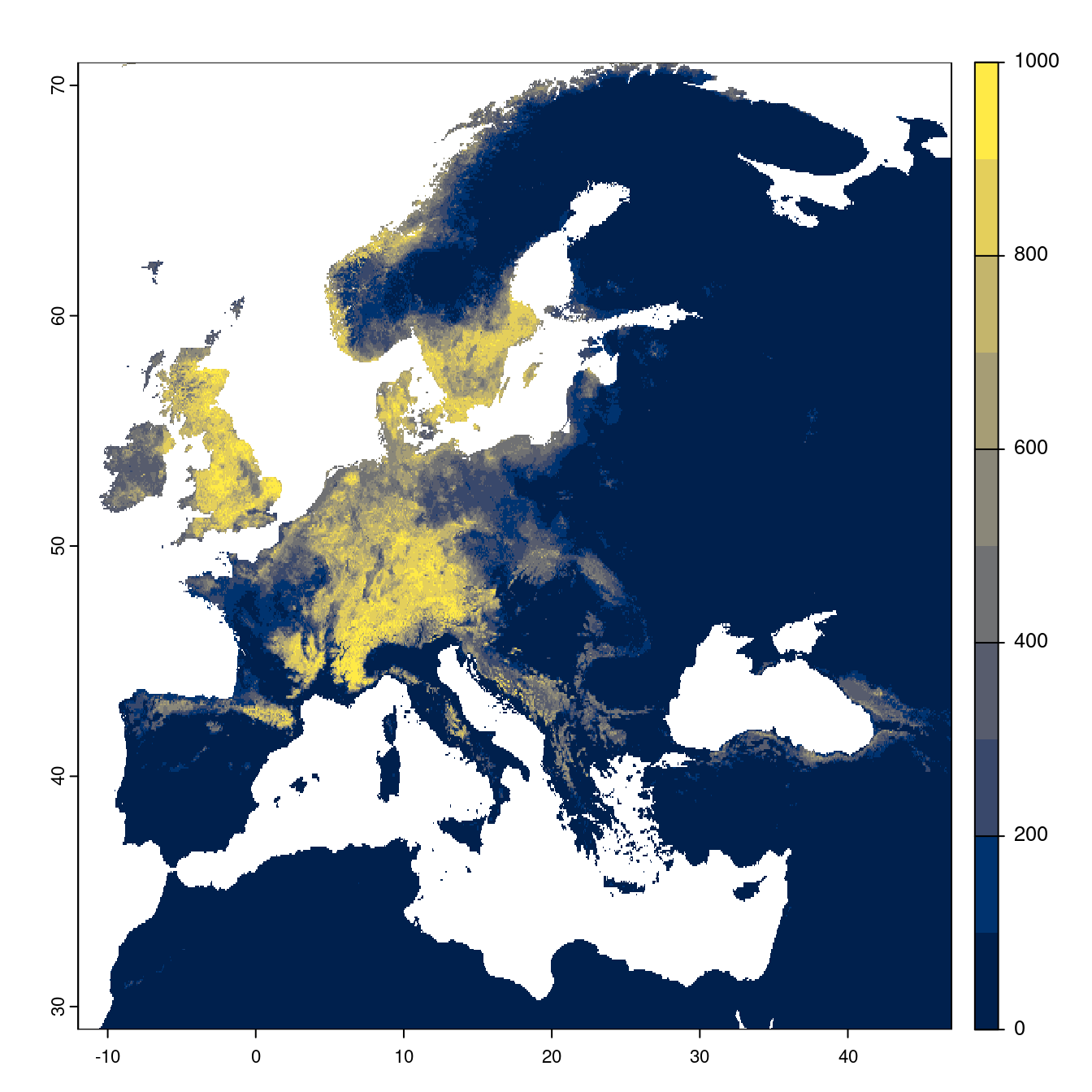 Projection des distributions potentielles futures jusqu'à l'horizon 2100 sous le scénario SSP3-7.0 (modèle d'ensemble).