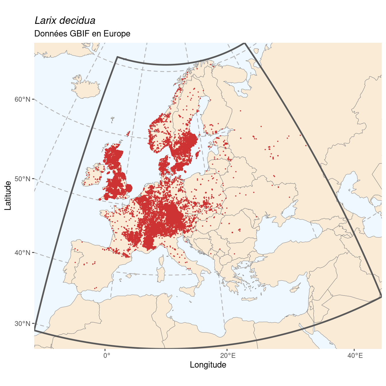 Occurrence de Larix decidua en Europe.