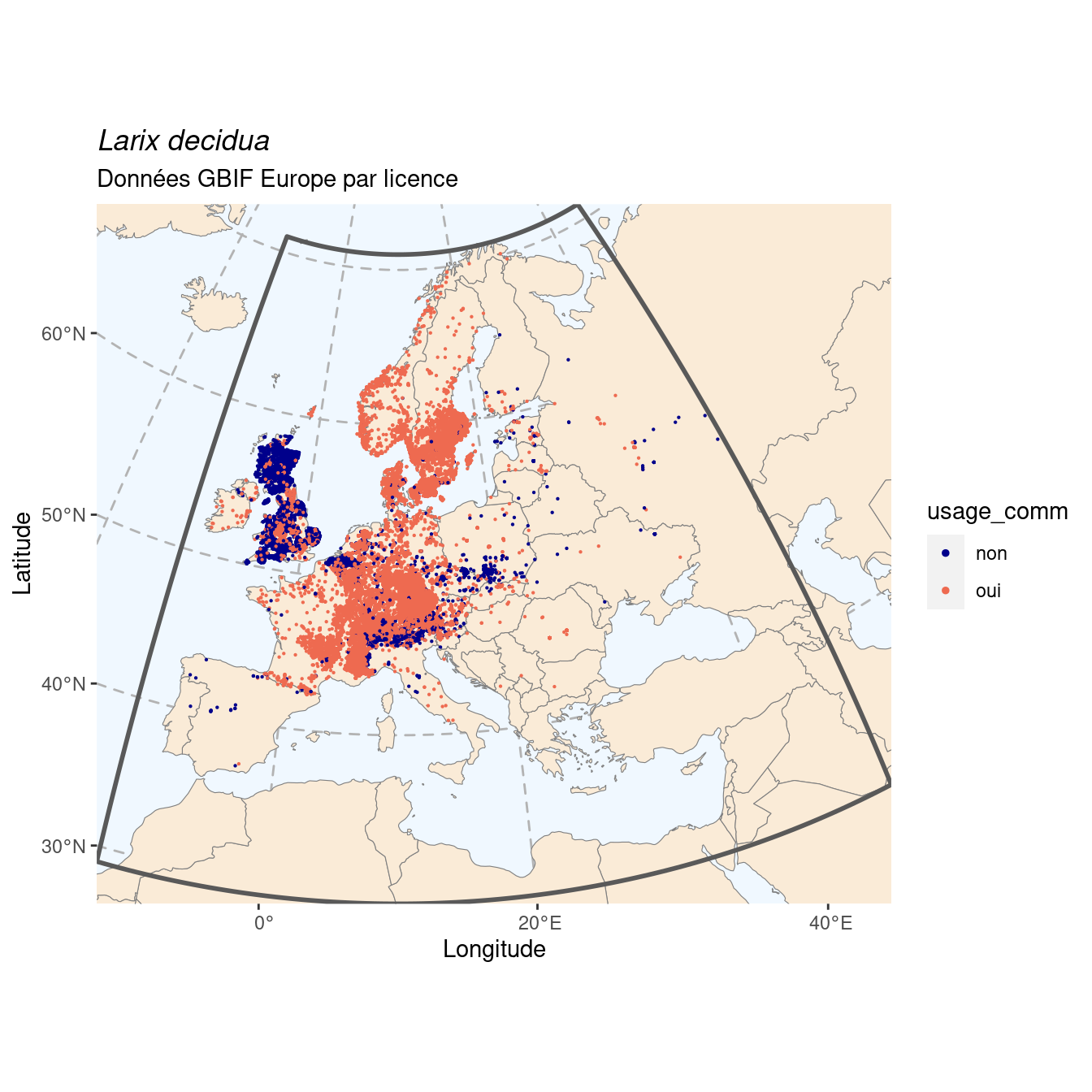 Occurrence de Larix decidua en Europe, selon la licence : CC BY-NC en bleu ; CC0 et CC BY en orange.