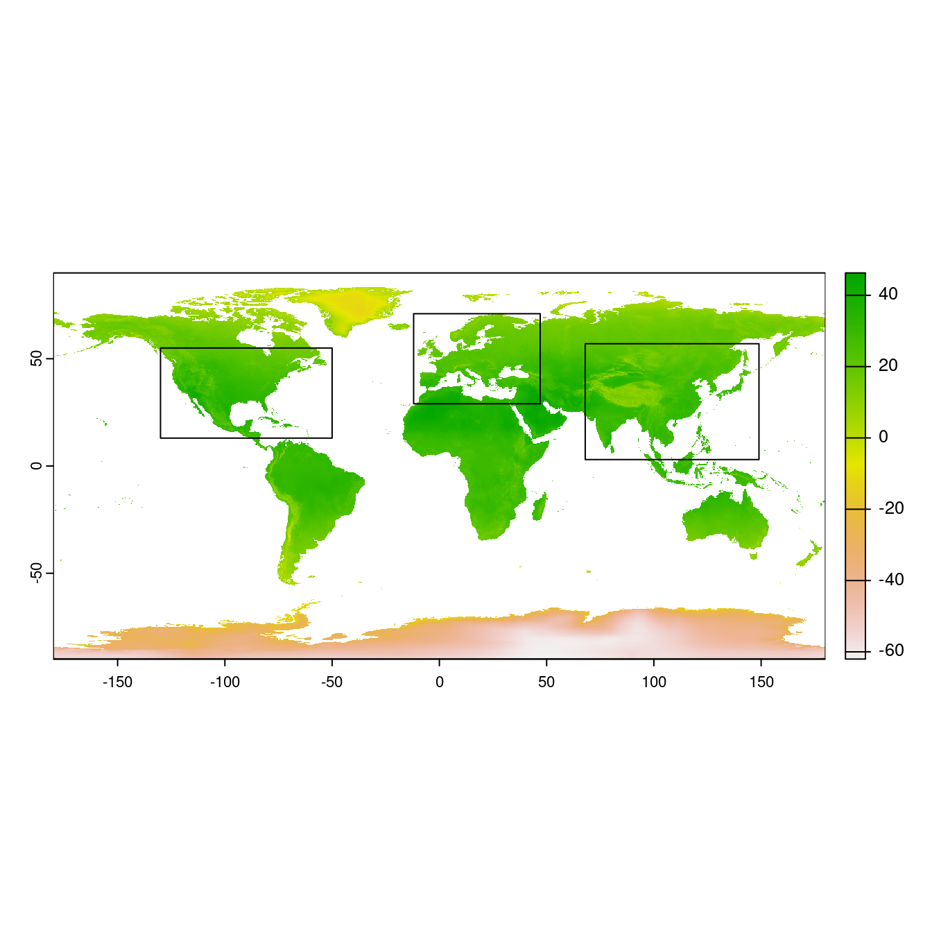 Carte du monde avec les 3 zones d'intérêt.