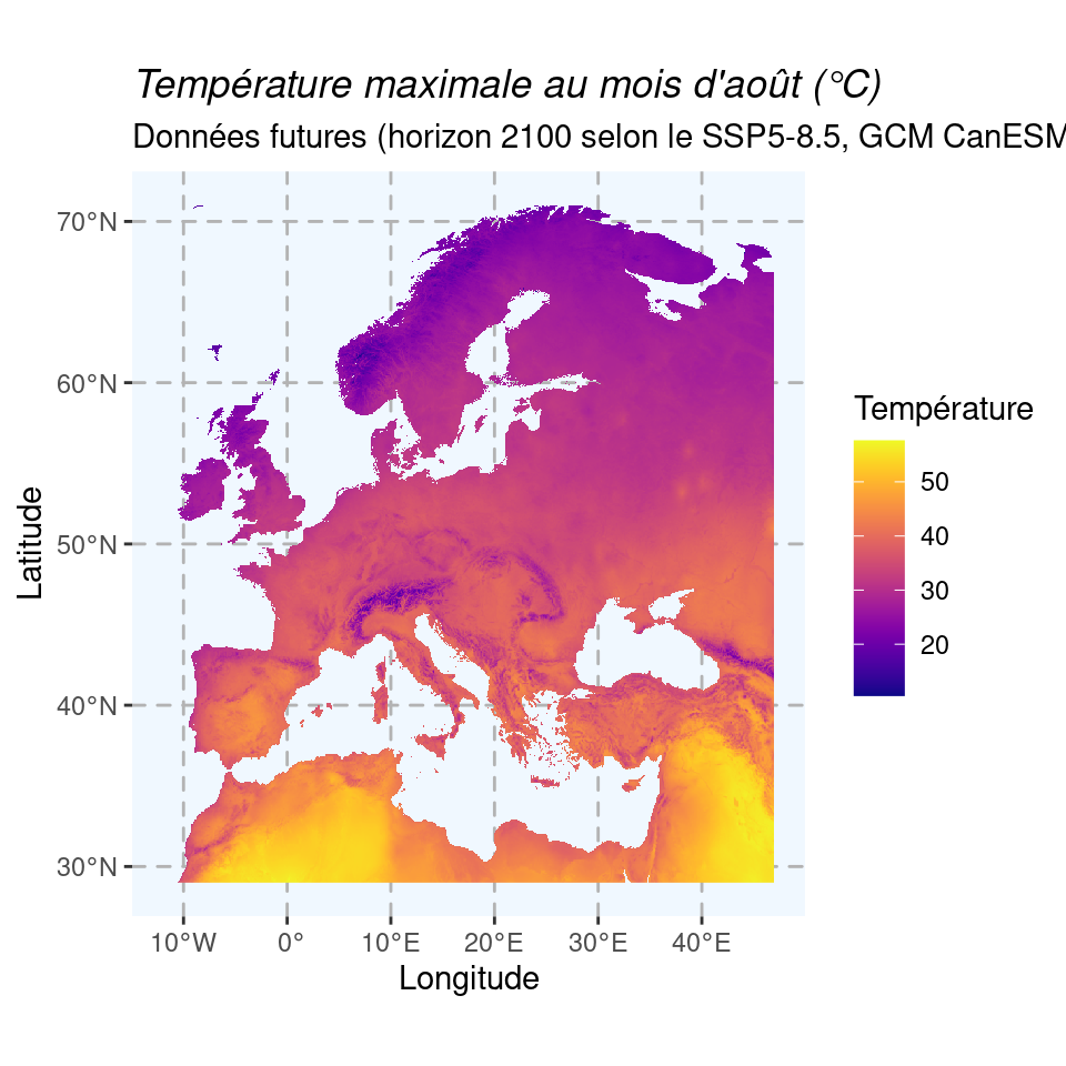 Cartes du climat futur en 2080–2100 (SSP5-8.5) selon le modèle CanESM5.