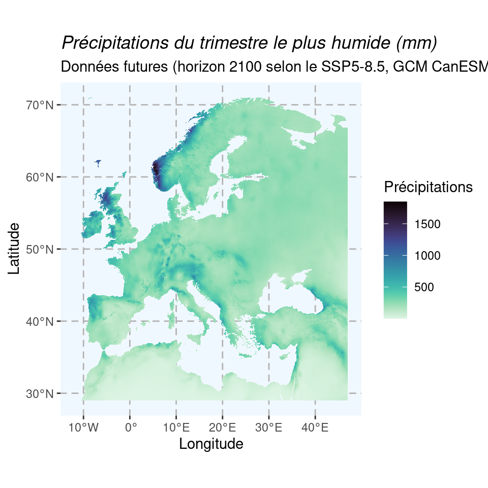 Cartes du climat futur en 2080–2100 (SSP5-8.5) selon le modèle CanESM5.
