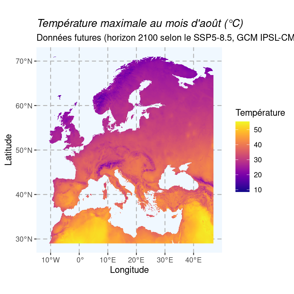 Cartes du climat futur en 2080–2100 (SSP5-8.5) selon le modèle IPSL-CM6A-LR.