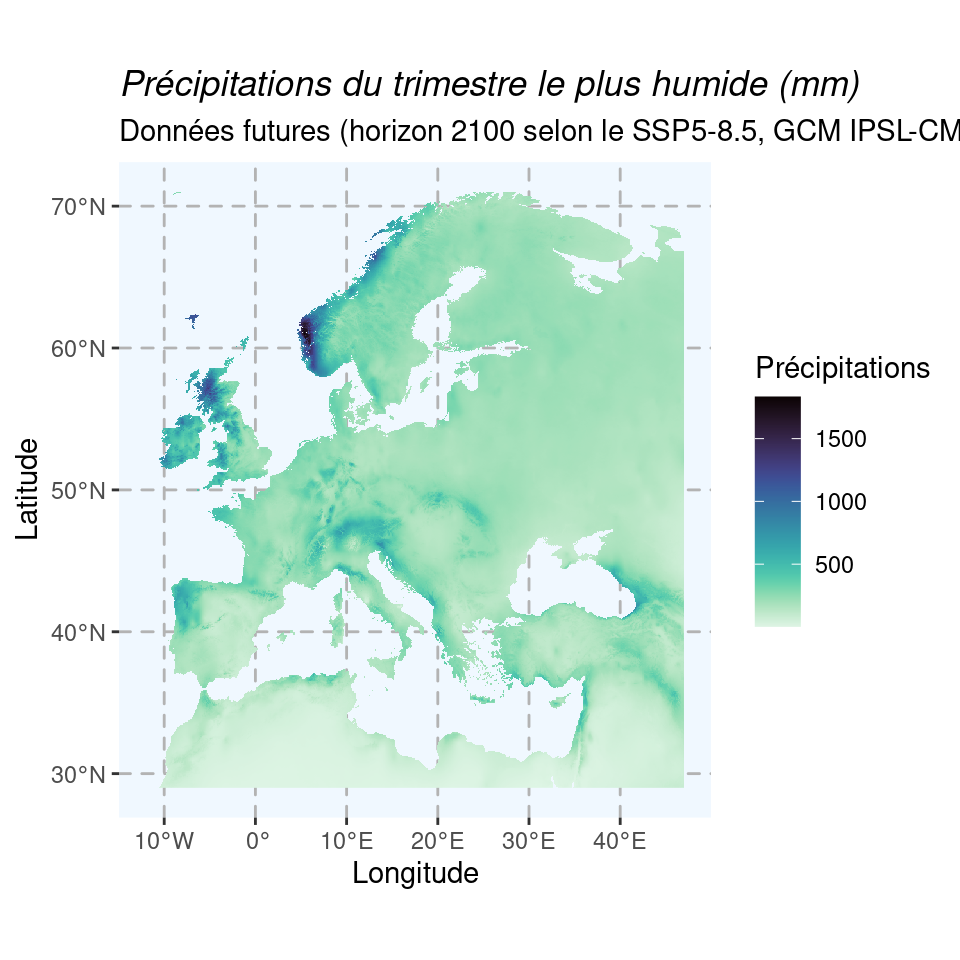 Cartes du climat futur en 2080–2100 (SSP5-8.5) selon le modèle IPSL-CM6A-LR.
