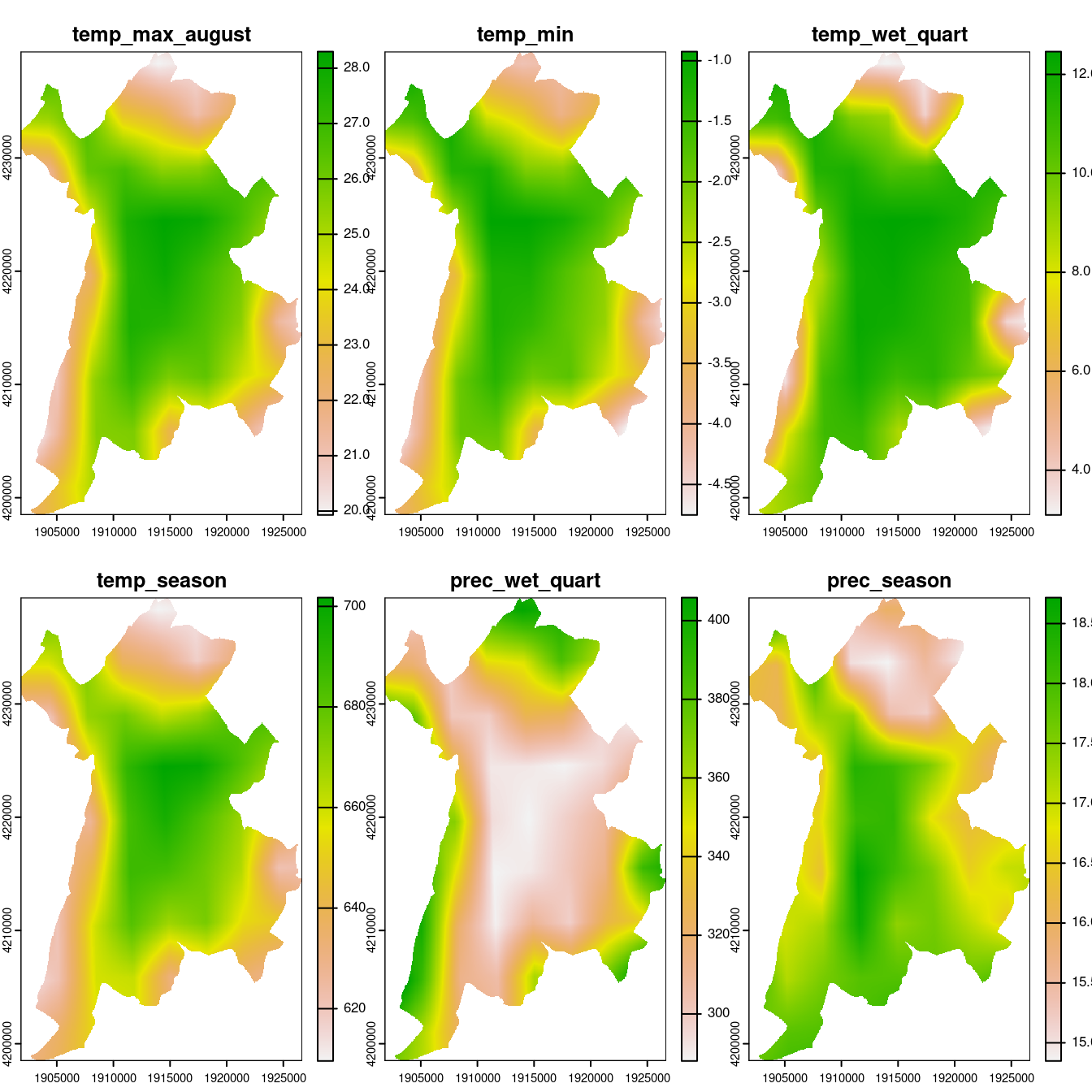 Conditions climatiques contemporaines (WorldClim) projetées sur l'emprise et la résolution du raster de Grenoble.